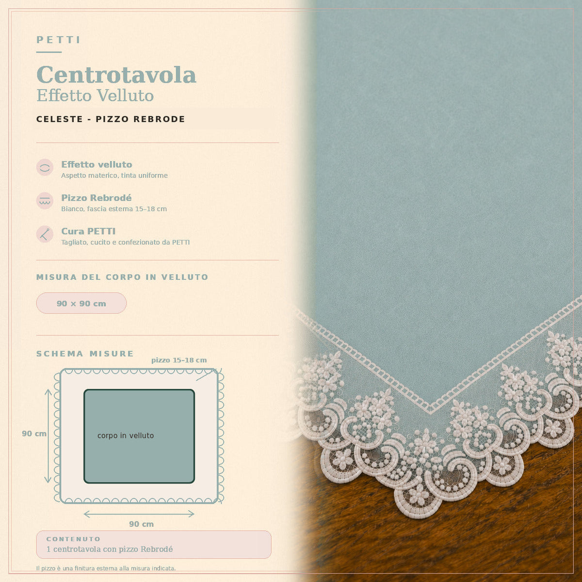 Centrotavola effetto velluto Celeste con Pizzo Rebrodé bianco, 90 × 90 cm — scheda misure e contenuto