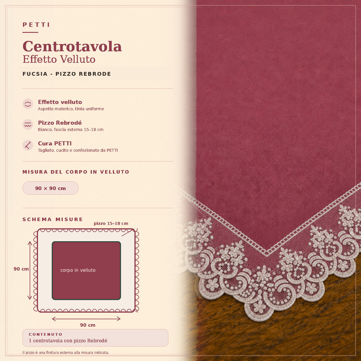 Centrotavola effetto velluto Fucsia con Pizzo Rebrodé bianco, 90 × 90 cm — scheda misure e contenuto