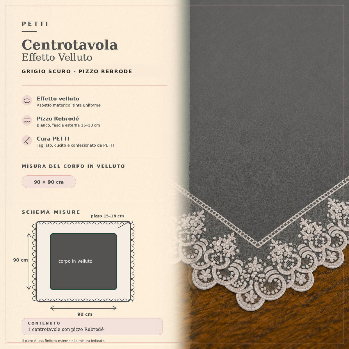 Centrotavola effetto velluto Grigio Scuro con Pizzo Rebrodé bianco, 90 × 90 cm — scheda misure e contenuto