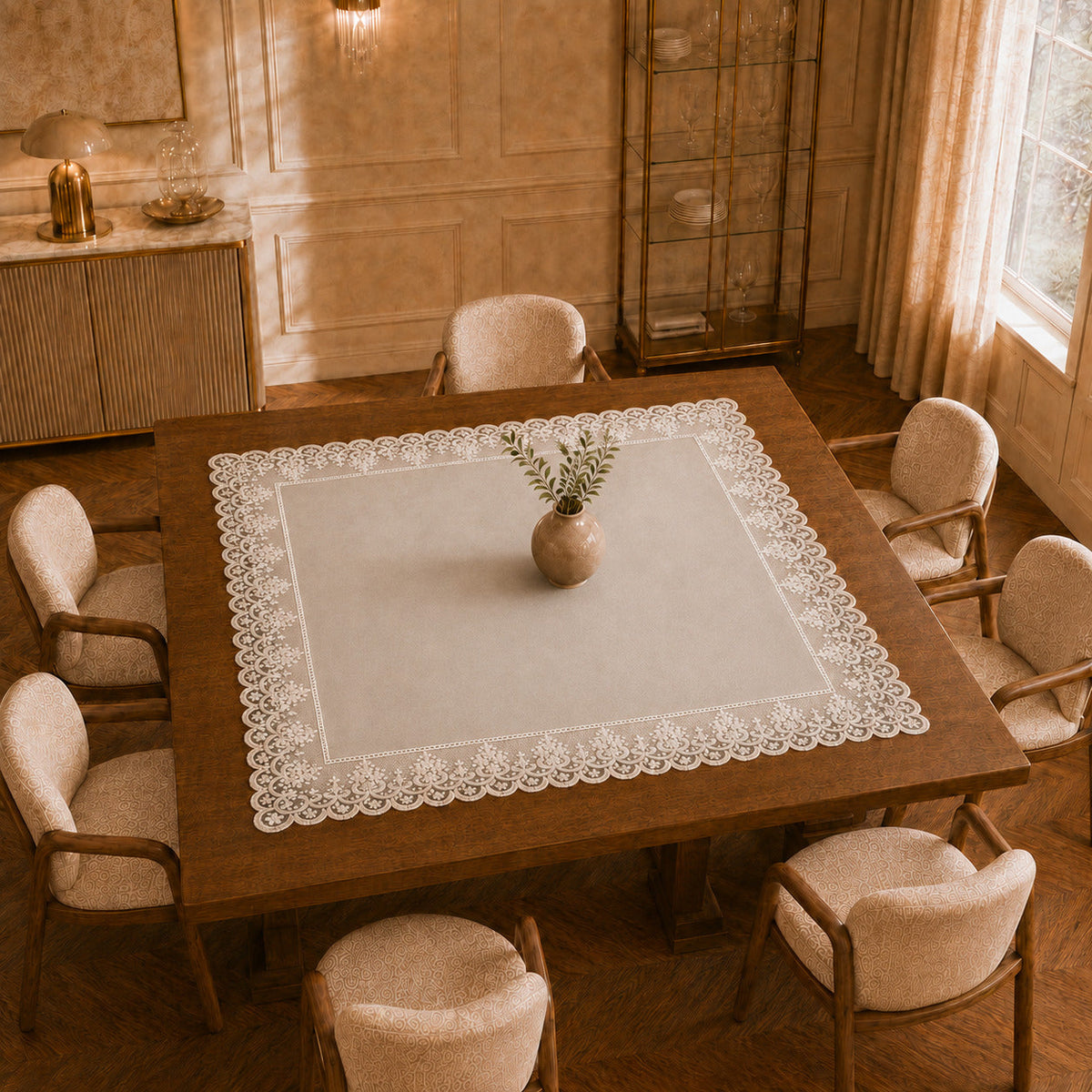 Centrotavola effetto velluto Bianco Latte con Pizzo Rebrodé bianco, 90 × 90 cm — vista dall’alto