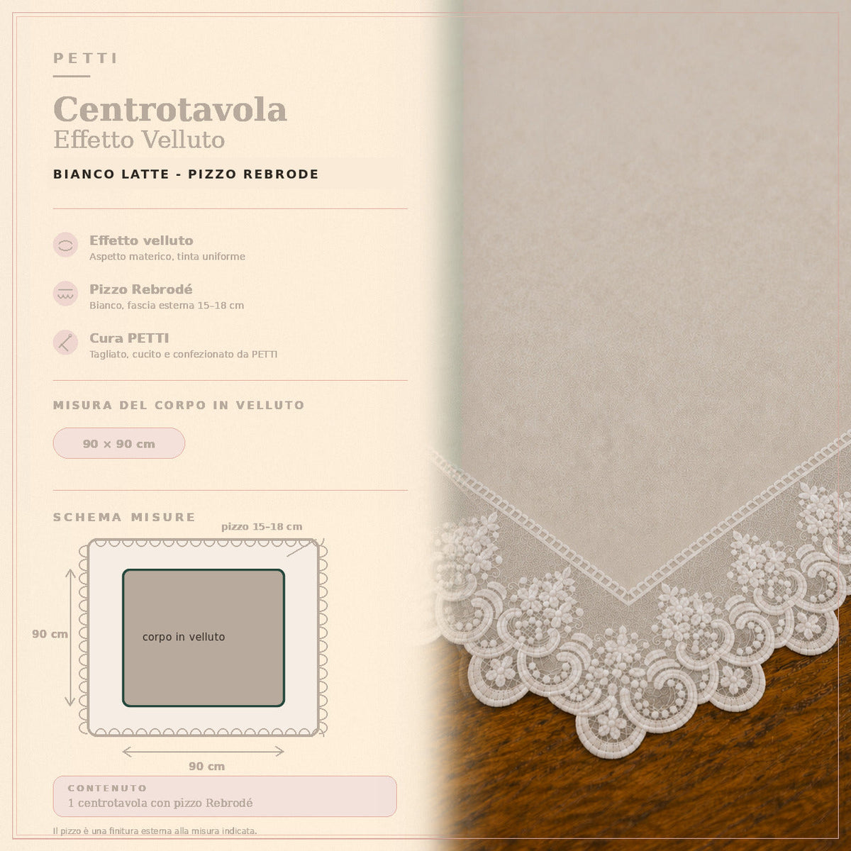 Centrotavola effetto velluto Bianco Latte con Pizzo Rebrodé bianco, 90 × 90 cm — scheda misure e contenuto
