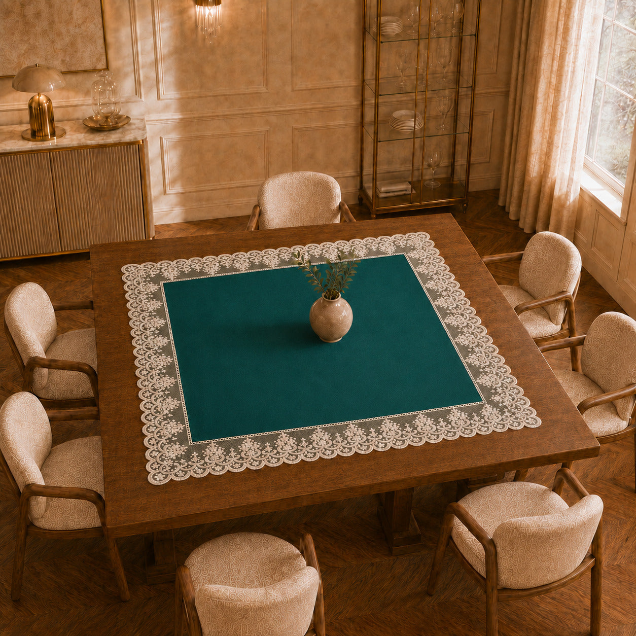 Centrotavola effetto velluto Ottanio con Pizzo Rebrodé bianco, 90 × 90 cm — vista dall’alto