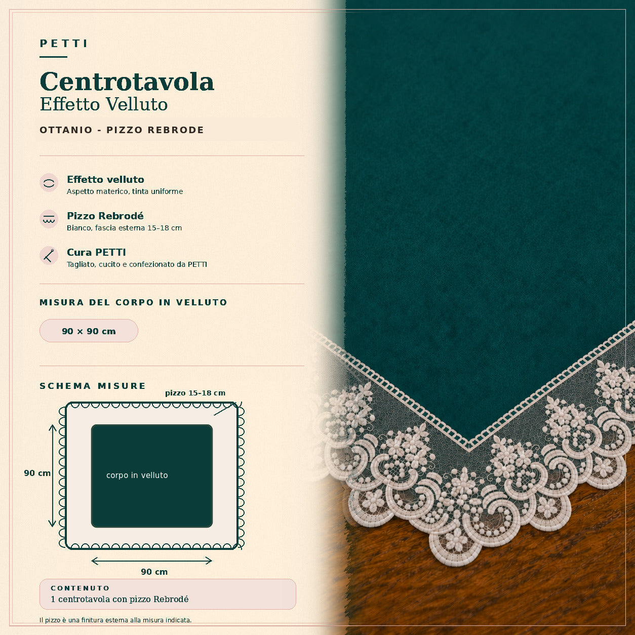Centrotavola effetto velluto Ottanio con Pizzo Rebrodé bianco, 90 × 90 cm — scheda misure e contenuto
