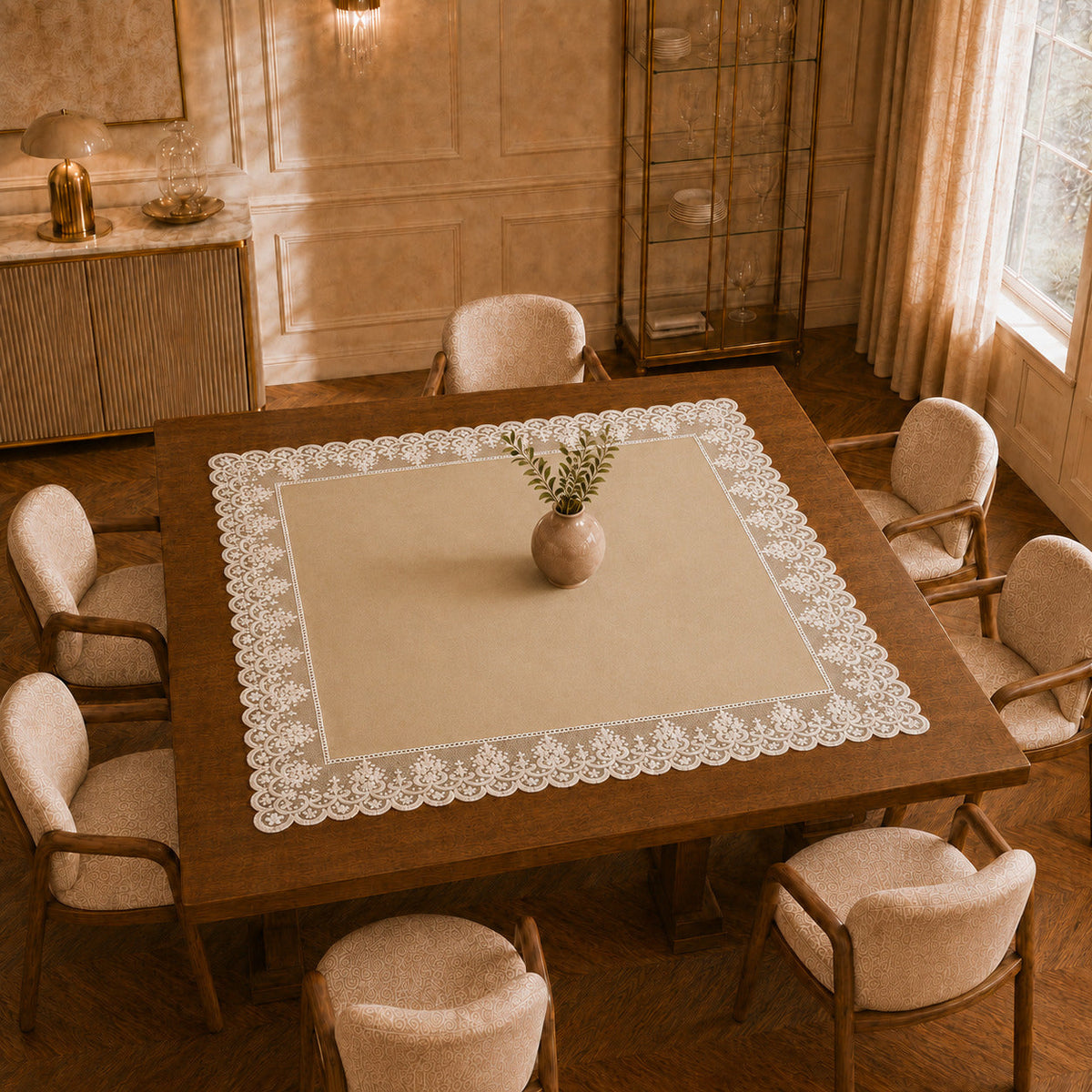 Centrotavola effetto velluto Panna con Pizzo Rebrodé bianco, 90 × 90 cm — vista dall’alto