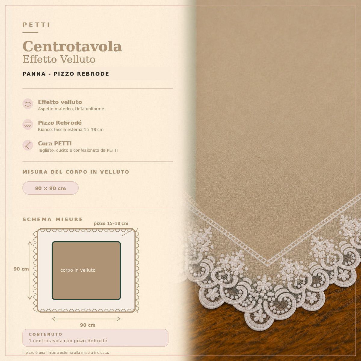 Centrotavola effetto velluto Panna con Pizzo Rebrodé bianco, 90 × 90 cm — scheda misure e contenuto