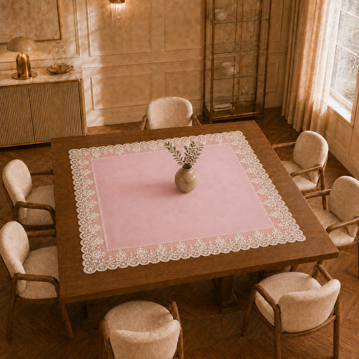 Centrotavola effetto velluto Rosa con Pizzo Rebrodé bianco, 90 × 90 cm — vista dall’alto