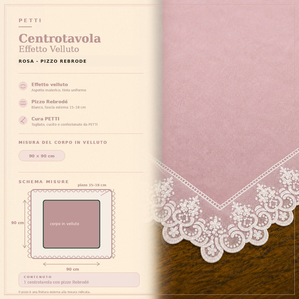 Centrotavola effetto velluto Rosa con Pizzo Rebrodé bianco, 90 × 90 cm — scheda misure e contenuto