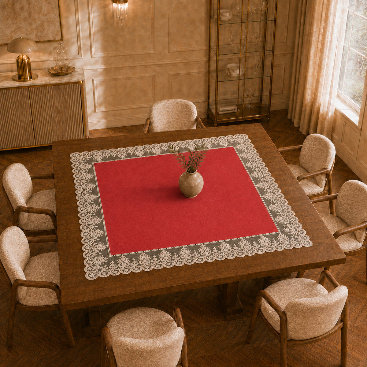Centrotavola effetto velluto Rosso con Pizzo Rebrodé bianco, 90 × 90 cm — vista dall’alto