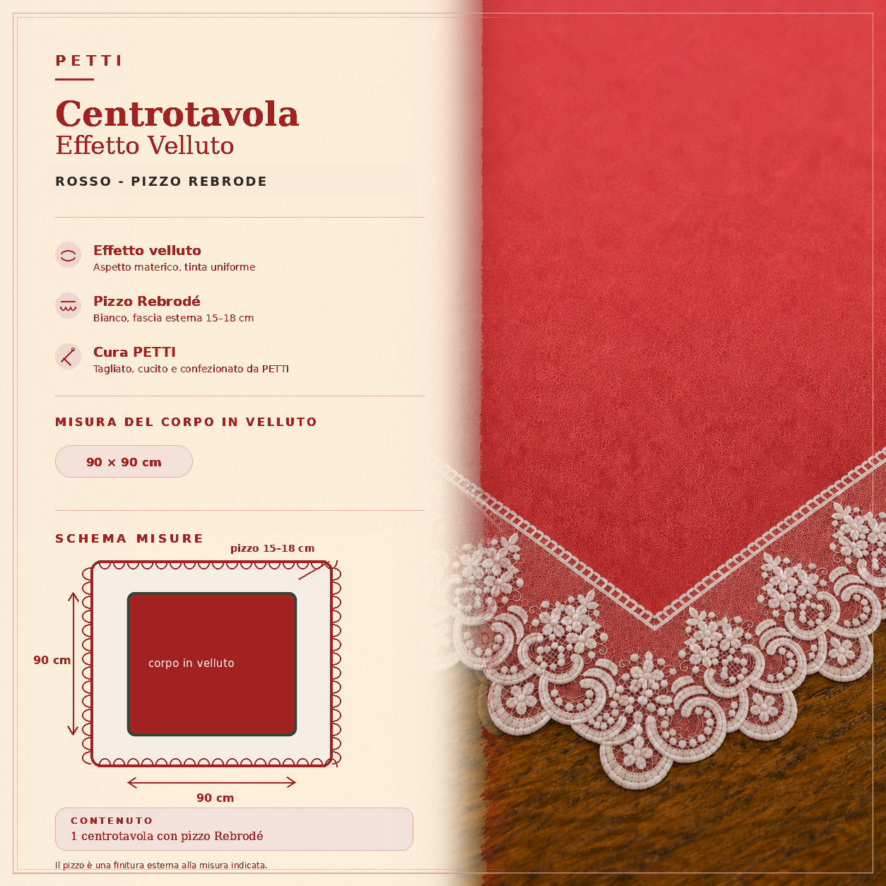 Centrotavola effetto velluto Rosso con Pizzo Rebrodé bianco, 90 × 90 cm — scheda misure e contenuto