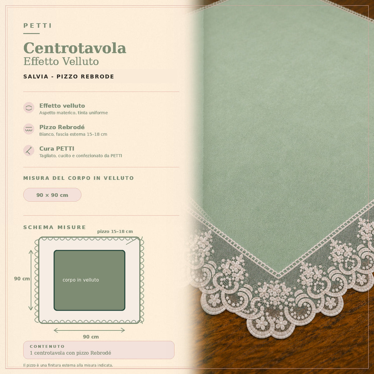 Centrotavola effetto velluto Salvia con Pizzo Rebrodé bianco, 90 × 90 cm — scheda misure e contenuto