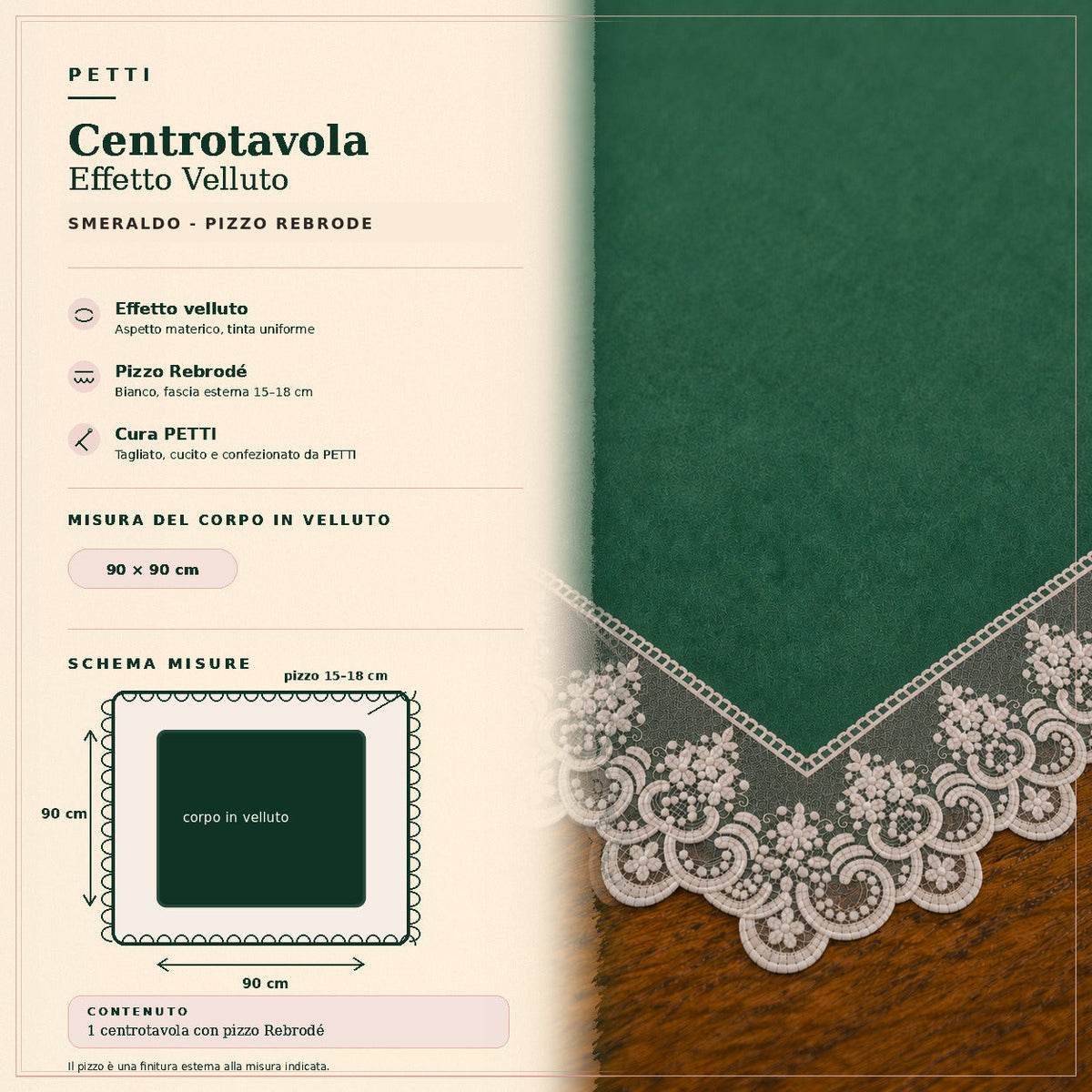 Centrotavola effetto velluto Smeraldo con Pizzo Rebrodé bianco, 90 × 90 cm — scheda misure e contenuto