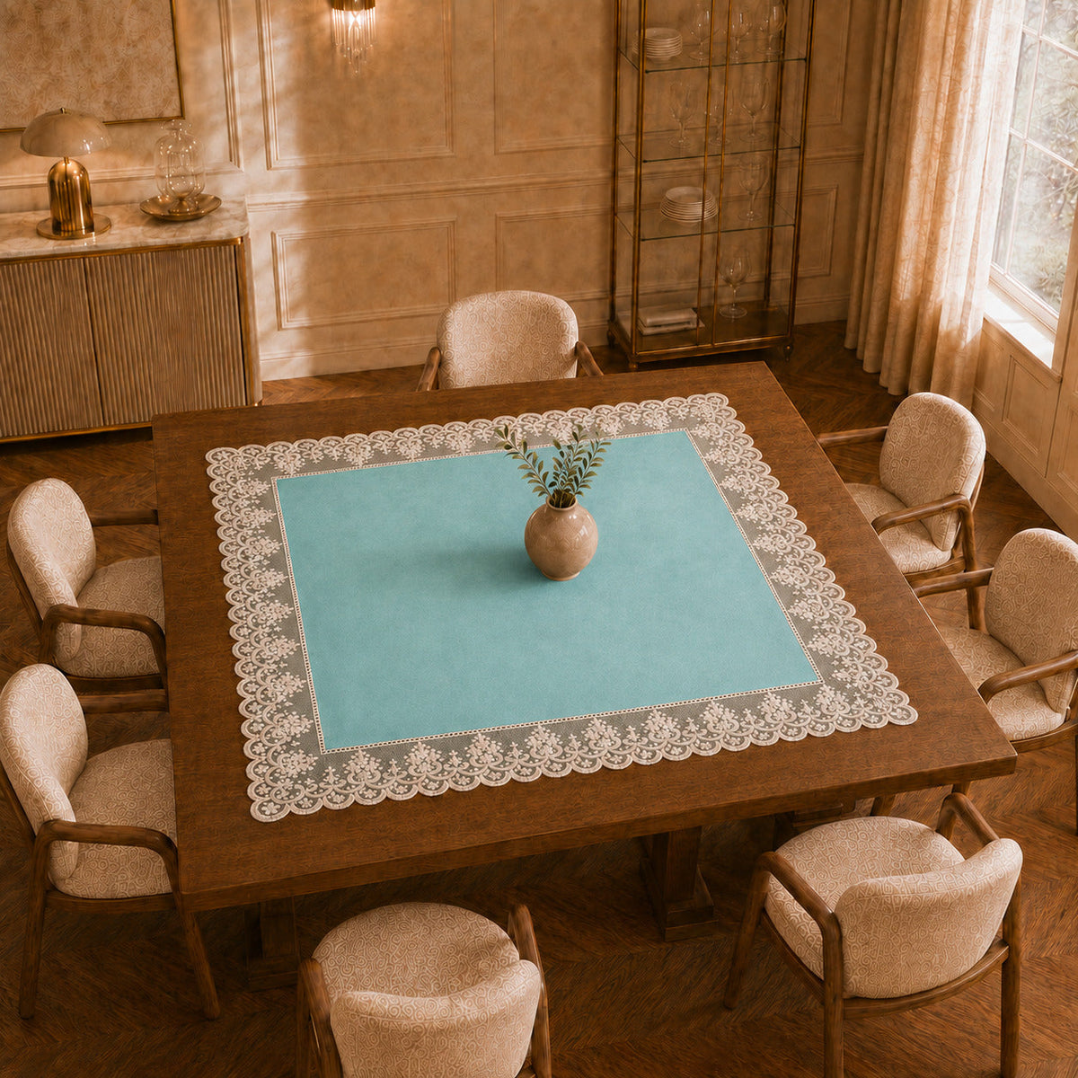 Centrotavola effetto velluto Tiffany con Pizzo Rebrodé bianco, 90 × 90 cm — vista dall’alto