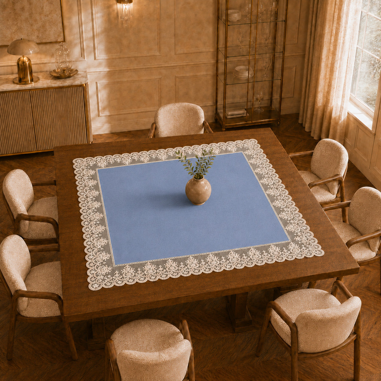 Centrotavola effetto velluto Carta da Zucchero con Pizzo Rebrodé bianco, 90 × 90 cm — vista dall’alto