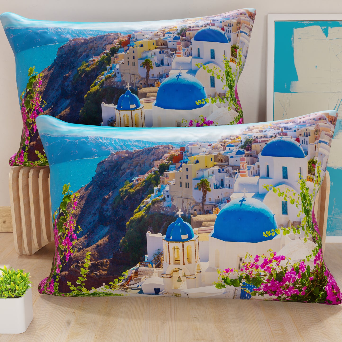 Taies d'oreiller, Taies d'oreiller en impression numérique, Santorin