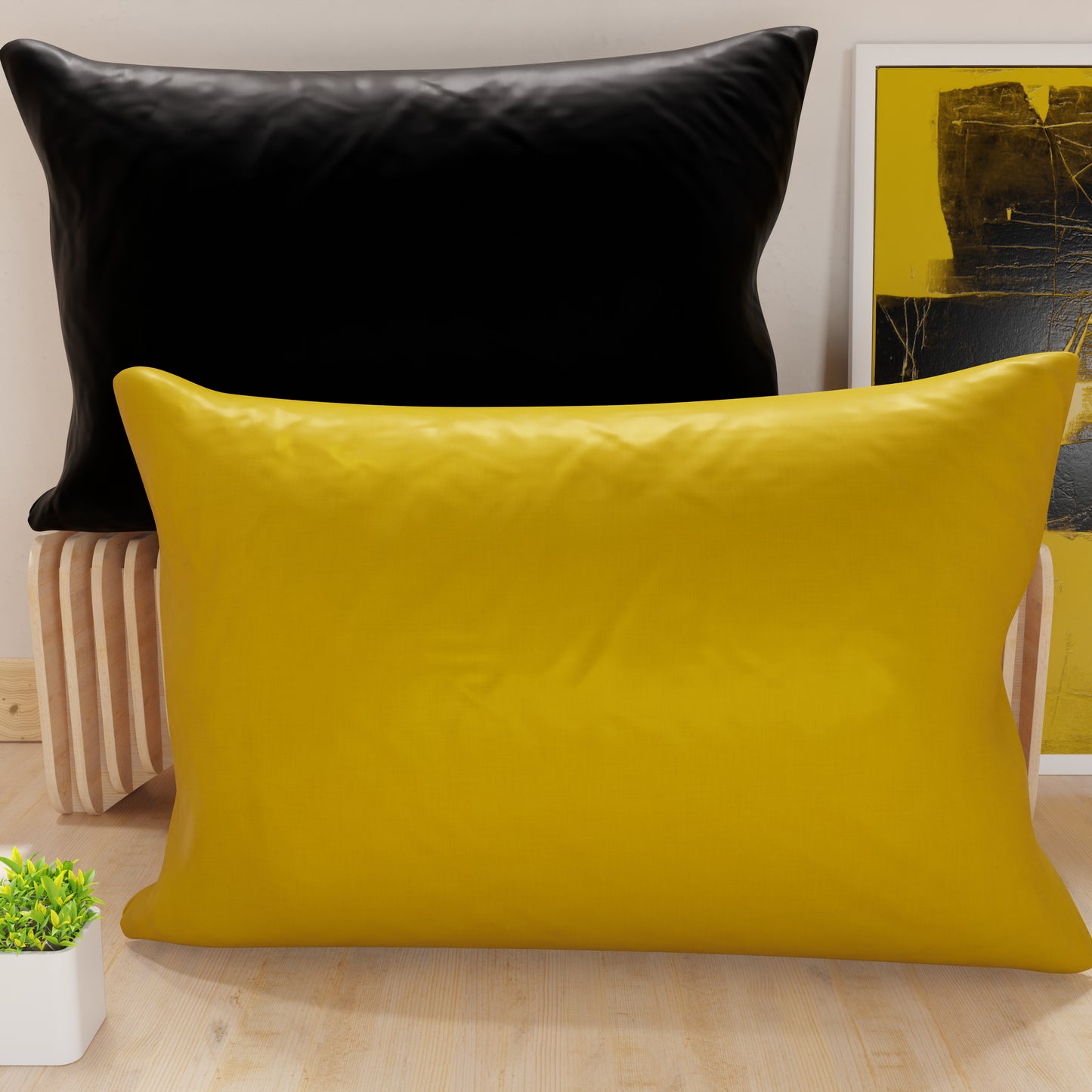 Taies d'oreiller, Paire de taies, Housses de coussin, 100% Microfibre anti-allergique, Jaune ocre/Noir