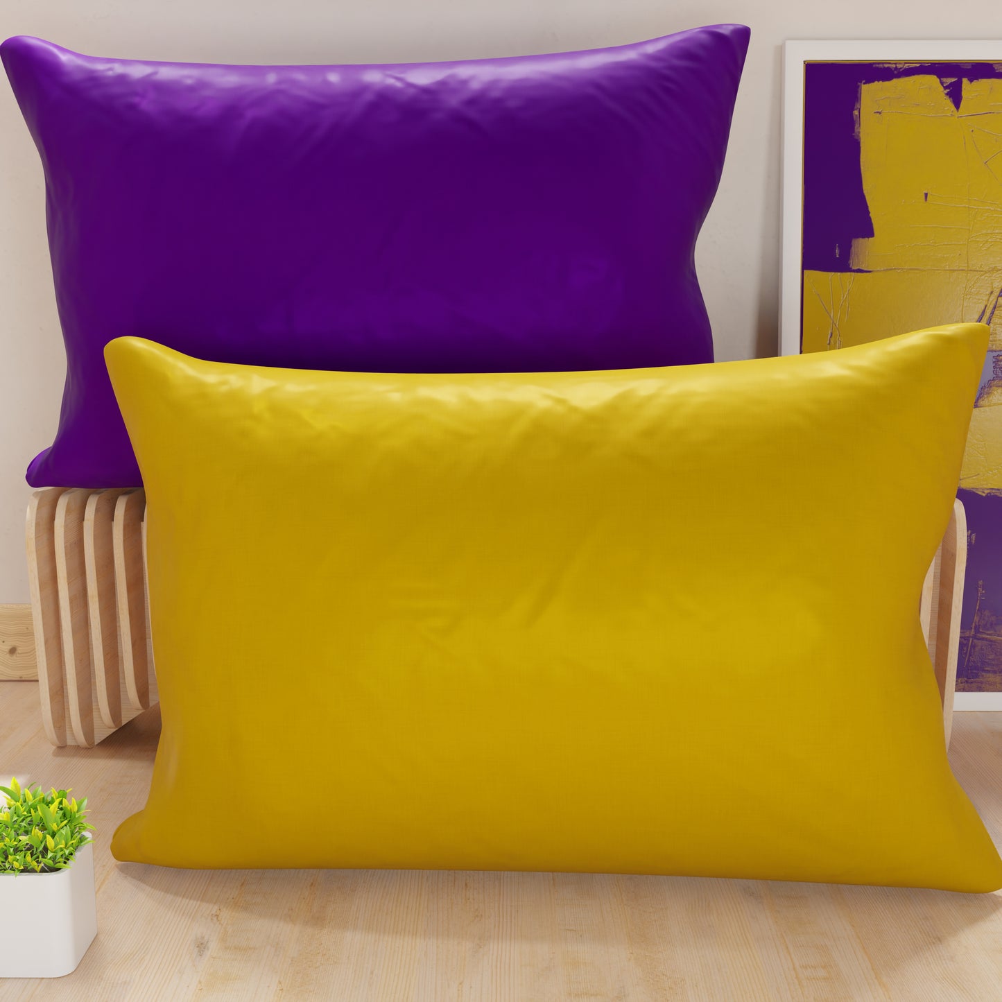 Taies d'oreiller, Paire de taies, Housses de coussin, 100% Microfibre Antiallergique, Violet/Jaune Ocre