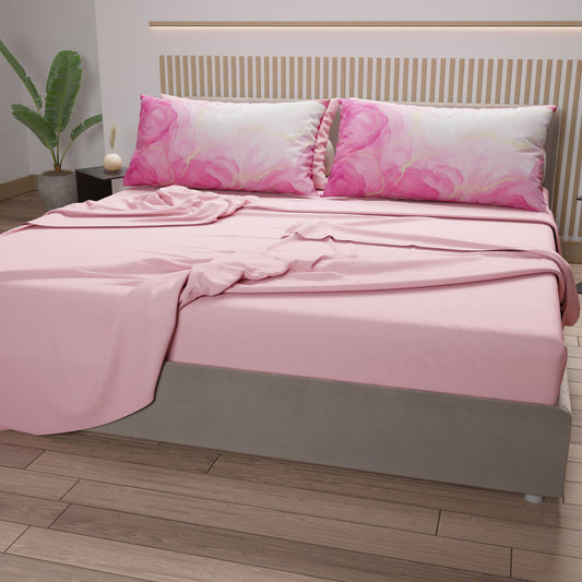 Lenzuola in Cotone, Completo Letto con Federe in Stampa Digitale Marble 12 Rosa