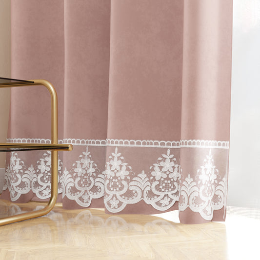 Tenda a Pannello in Velluto per Interni con Anelli e Pizzo Rebrodè, 140x280 cm, Cipria by Sissy