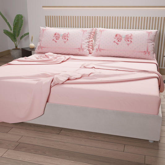 Lenzuola in Cotone, Completo Letto con Federe in Stampa Digitale Fiocco Sissy