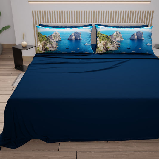 Draps en Coton, Parure de Lit avec Taies d'Oreiller en Impression Digitale, Capri