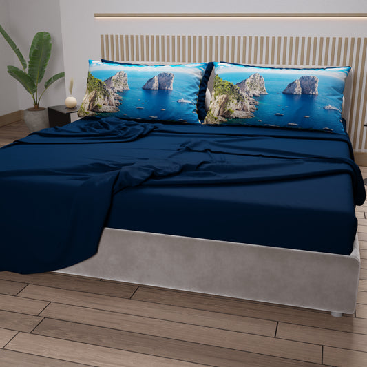 Draps en Coton, Parure de Lit avec Taies d'Oreiller en Impression Digitale, Capri