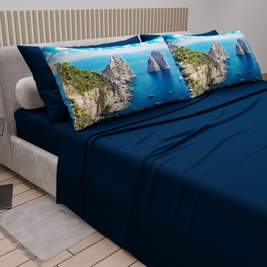 Draps en Coton, Parure de Lit avec Taies d'Oreiller en Impression Digitale, Capri