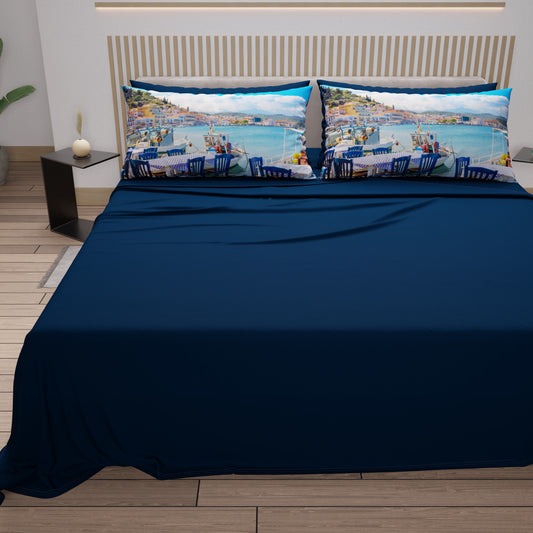 Draps en Coton, Parure de Lit avec Taies d'Oreiller en Impression Digitale, Gythio - Grèce
