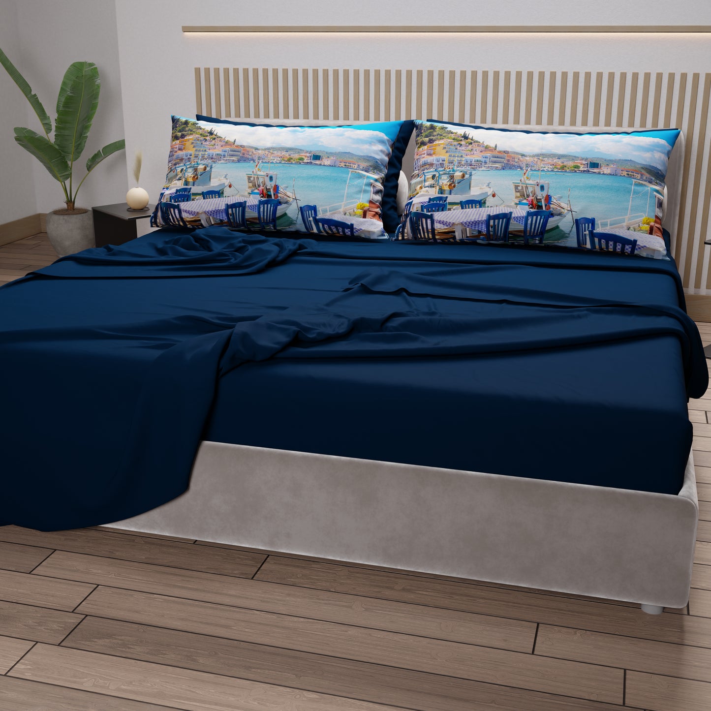 Lenzuola in Cotone, Completo Letto con Federe in Stampa Digitale, Gythio - Grecia