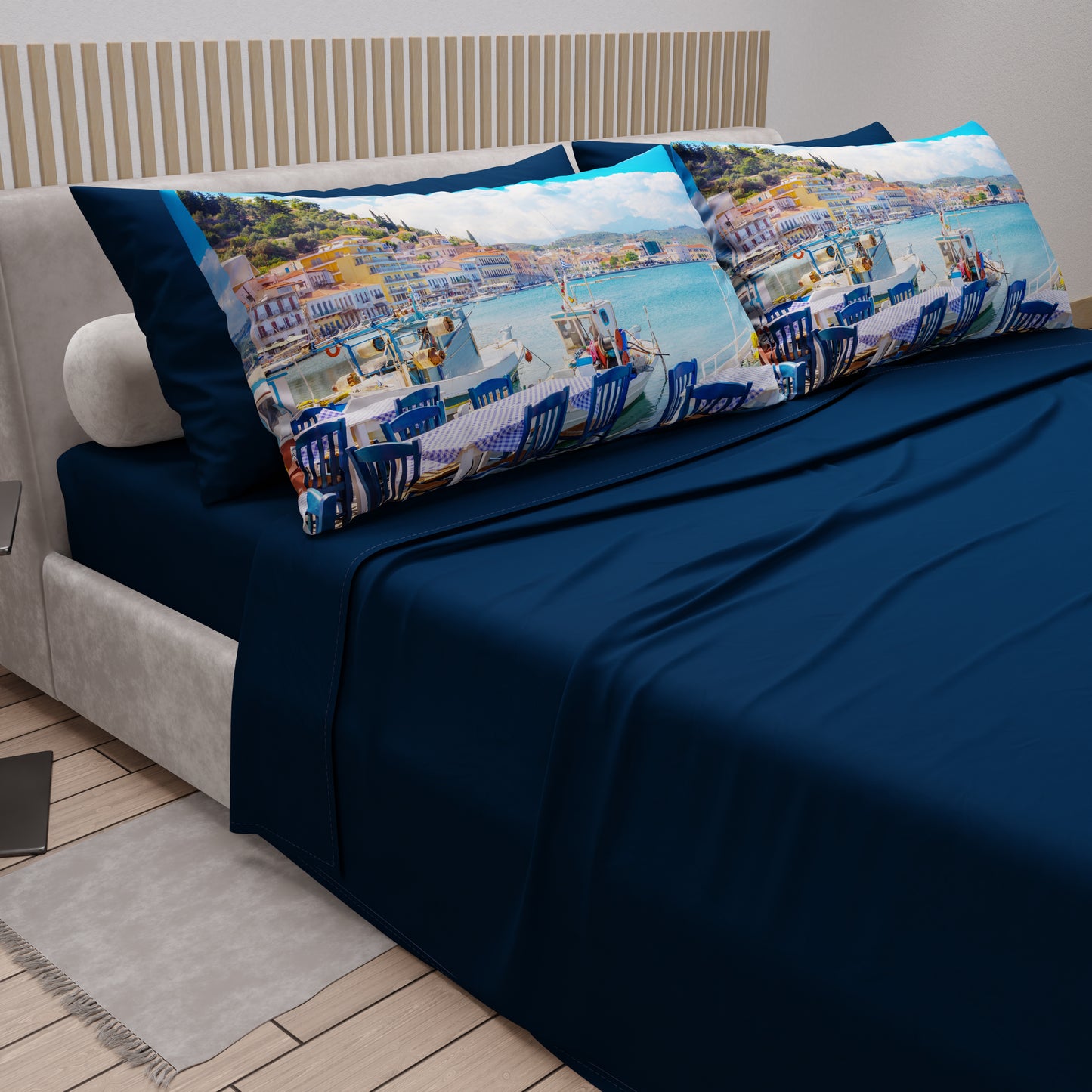 Lenzuola in Cotone, Completo Letto con Federe in Stampa Digitale, Gythio - Grecia