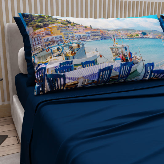 Draps en Coton, Parure de Lit avec Taies d'Oreiller en Impression Digitale, Gythio - Grèce