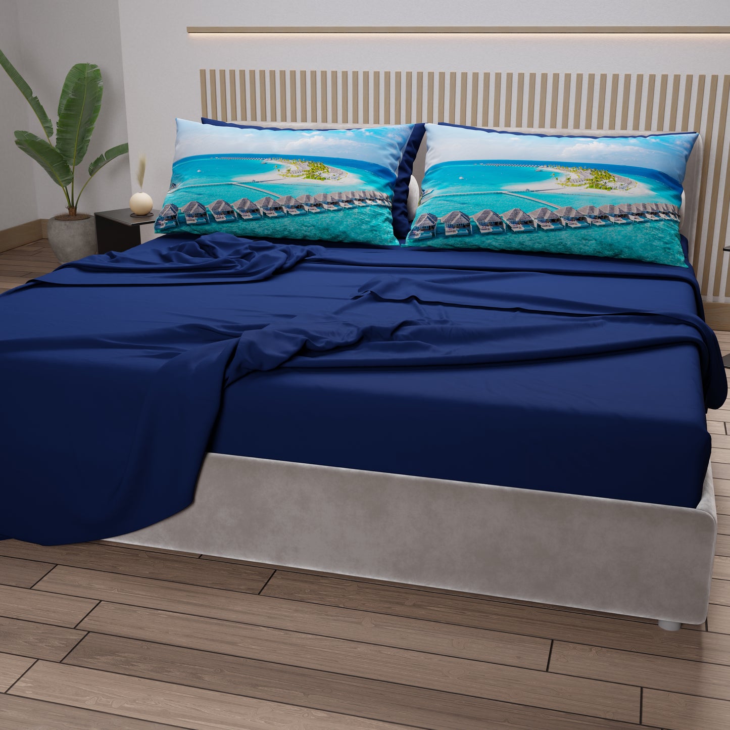 Lenzuola in Cotone, Completo Letto con Federe in Stampa Digitale, Maldive