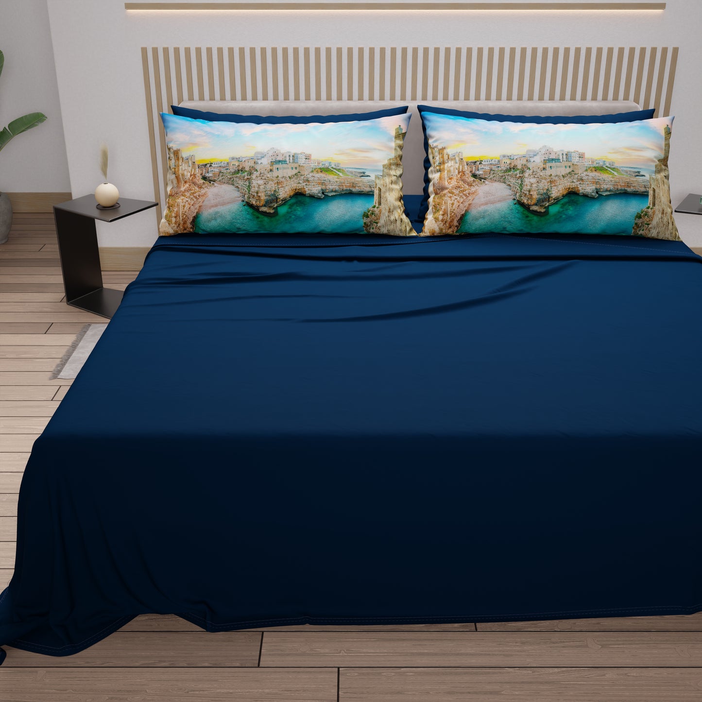 Draps en coton, Parure de lit avec taies d'oreiller en impression numérique, Polignano a Mare