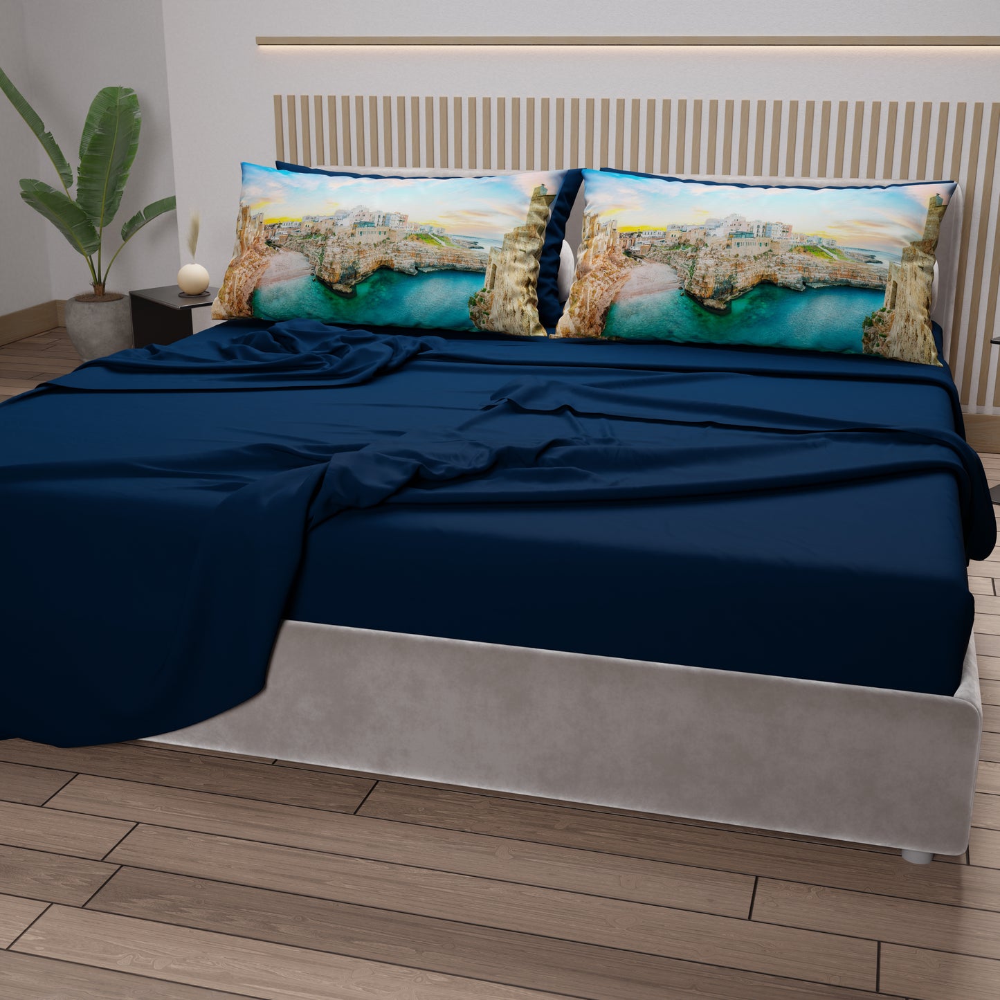 Draps en coton, Parure de lit avec taies d'oreiller en impression numérique, Polignano a Mare