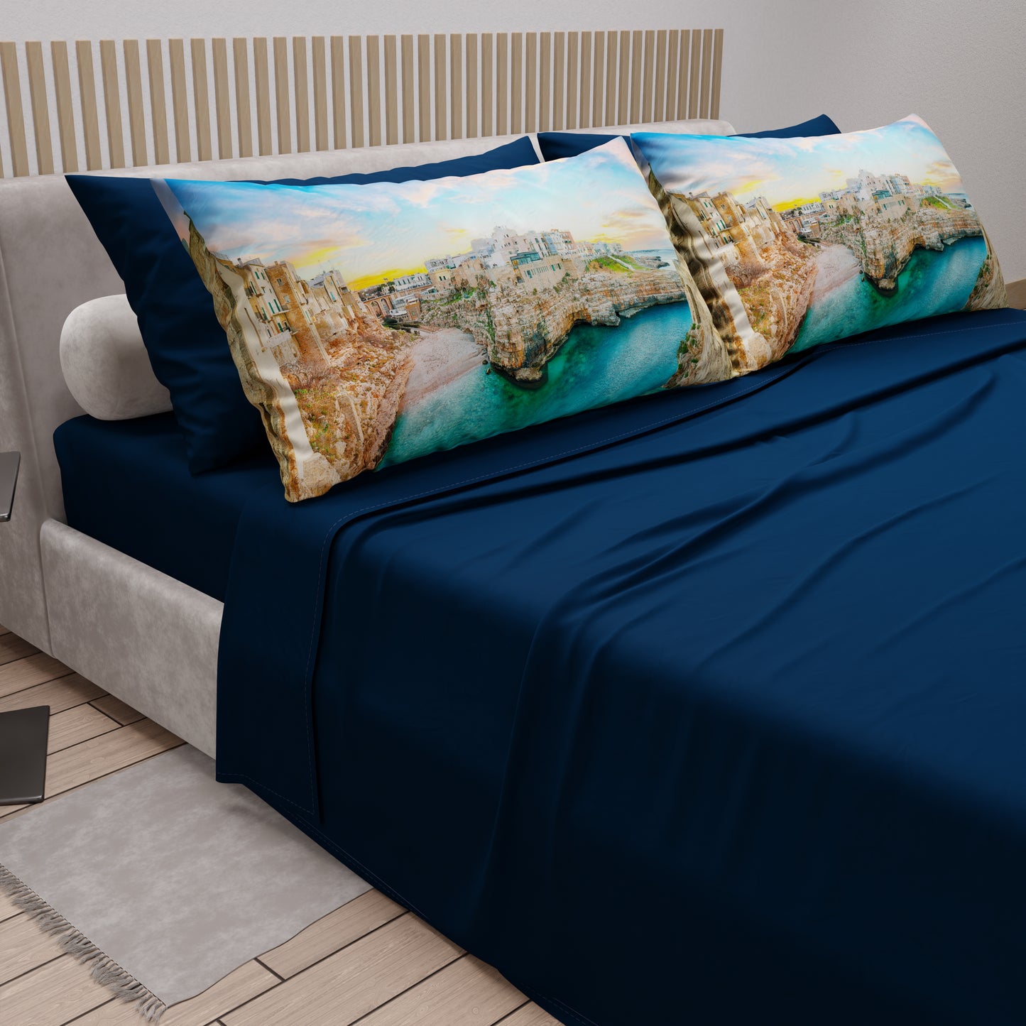 Draps en coton, Parure de lit avec taies d'oreiller en impression numérique, Polignano a Mare
