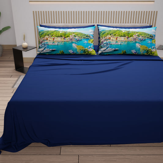 Draps en Coton, Parure de Lit avec Taies d'Oreiller en Impression Digitale, Portofino