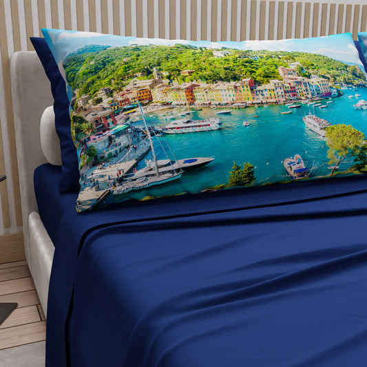 Draps en Coton, Parure de Lit avec Taies d'Oreiller en Impression Digitale, Portofino