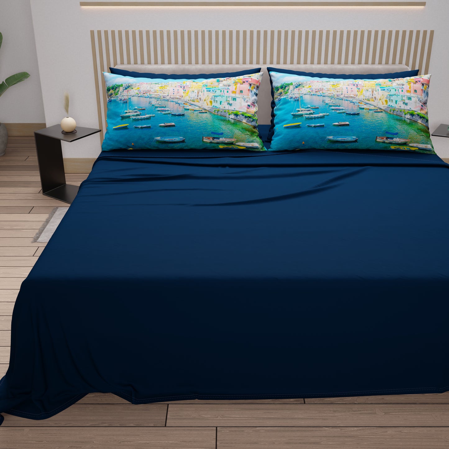 Draps en Coton, Parure de Lit avec Taies d'Oreiller en Impression Digitale, Procida