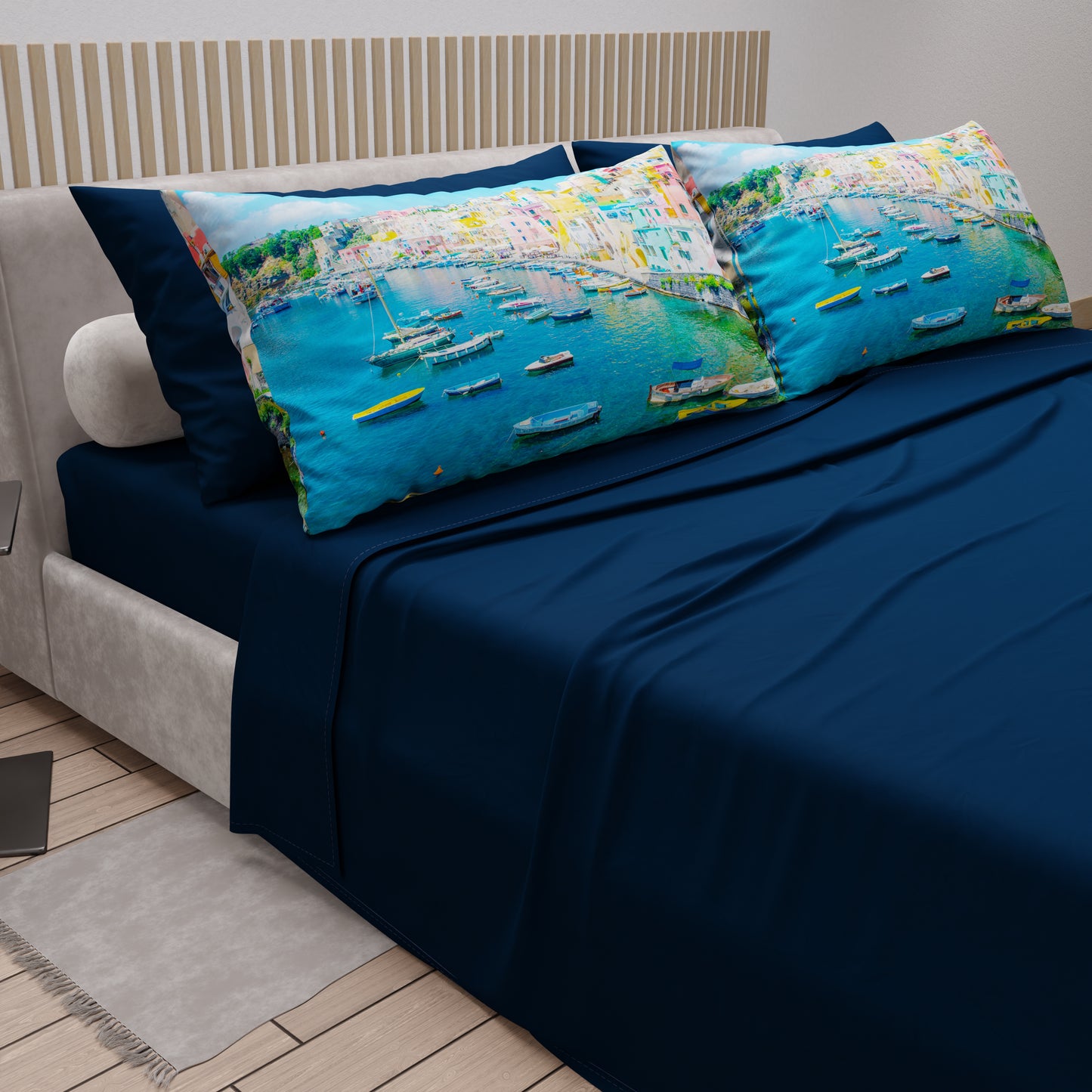 Draps en Coton, Parure de Lit avec Taies d'Oreiller en Impression Digitale, Procida
