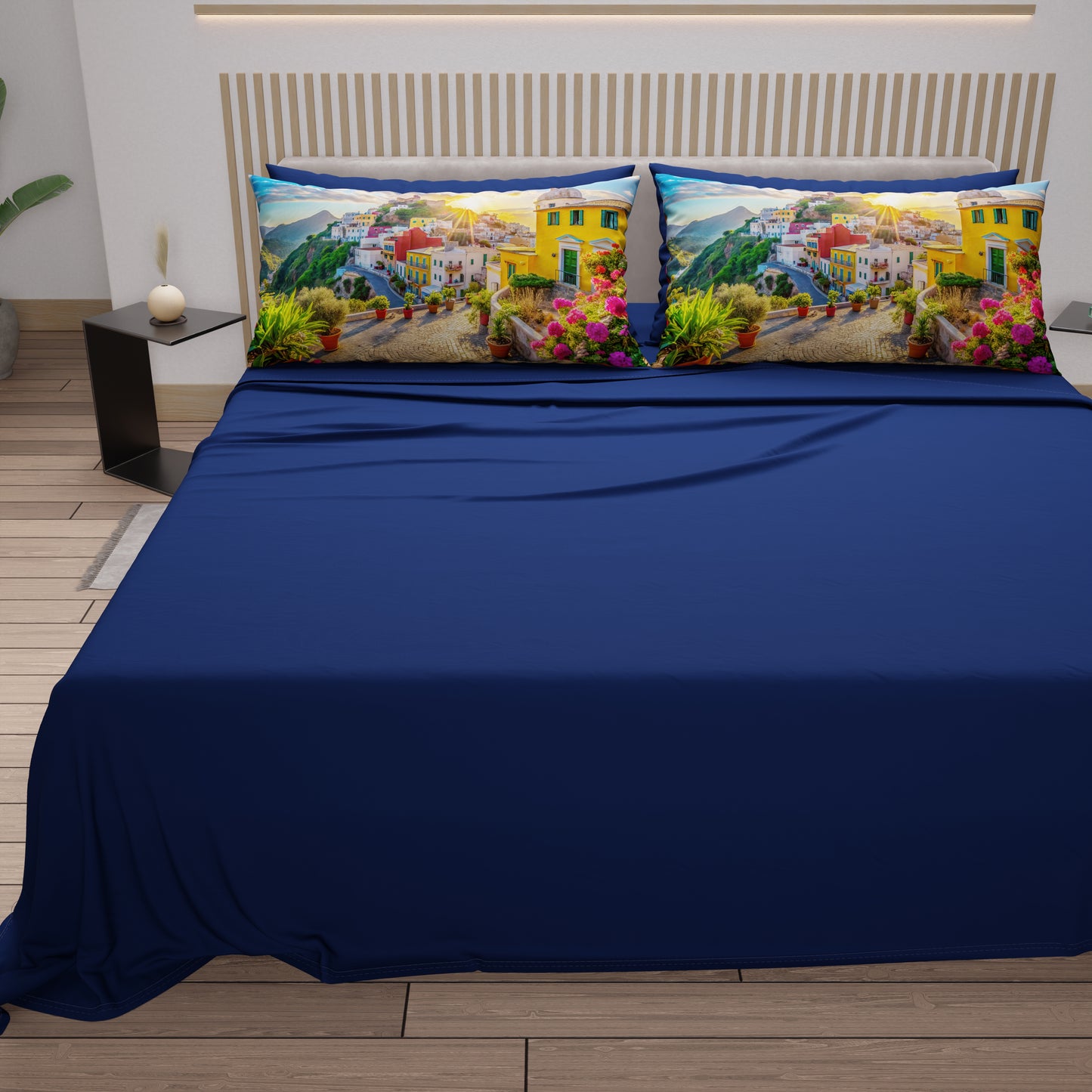 Draps en Coton, Parure de Lit avec Taies d'Oreiller en Impression Digitale, Sant'Angelo - Ischia