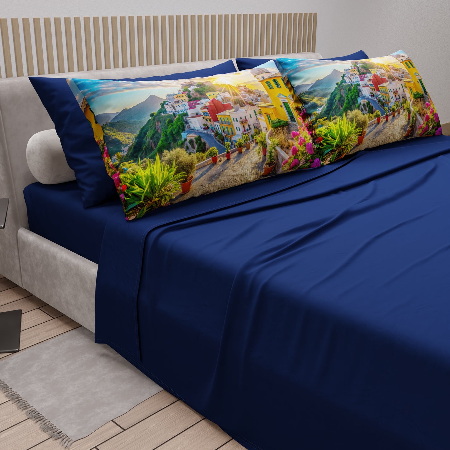 Draps en Coton, Parure de Lit avec Taies d'Oreiller en Impression Digitale, Sant'Angelo - Ischia