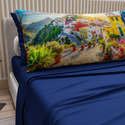 Lenzuola in Cotone, Completo Letto con Federe in Stampa Digitale, Sant'Angelo - Ischia