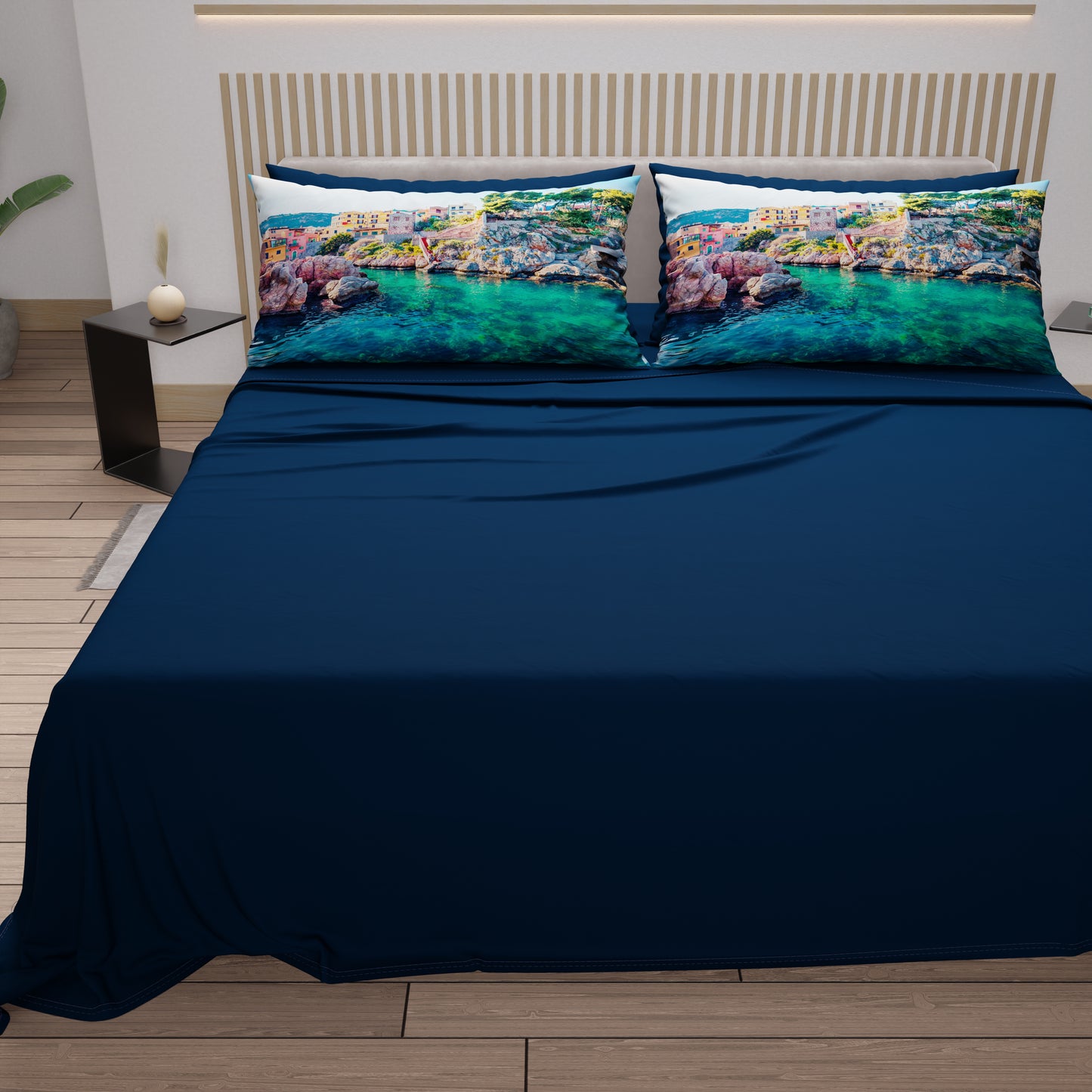 Draps en Coton, Parure de Lit avec Taies d'Oreiller en Impression Digitale, Sant'Elia - Sicile