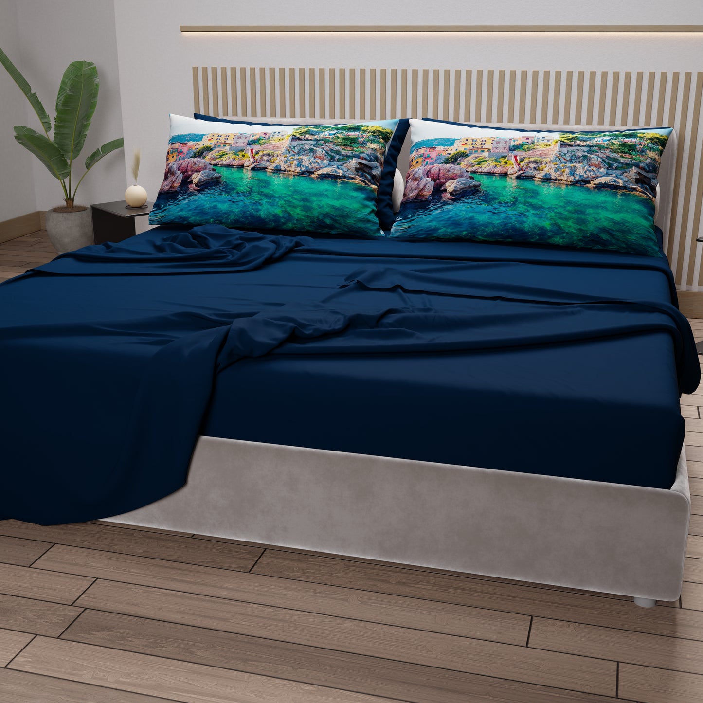 Draps en Coton, Parure de Lit avec Taies d'Oreiller en Impression Digitale, Sant'Elia - Sicile