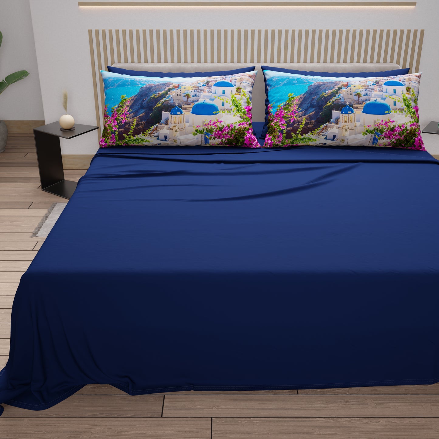 Lenzuola in Cotone, Completo Letto con Federe in Stampa Digitale, Santorini - Grecia