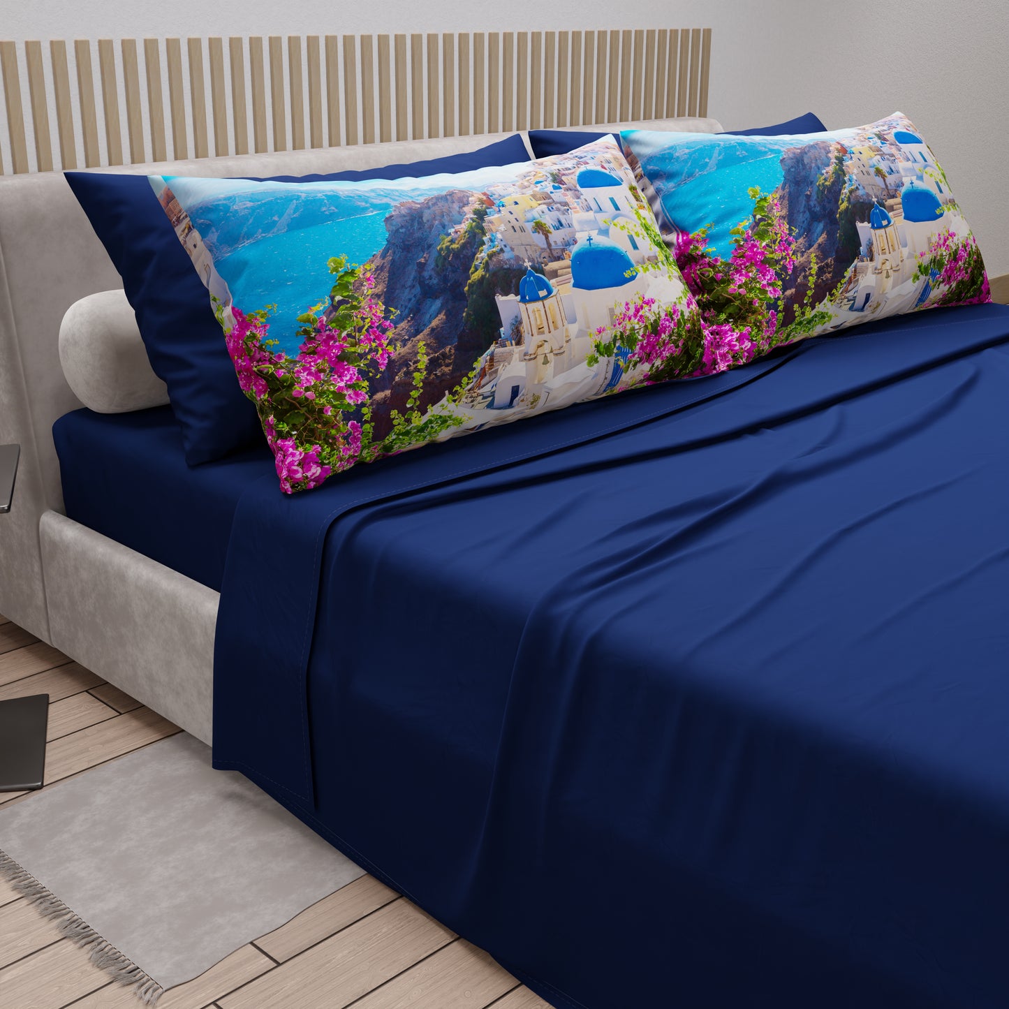 Lenzuola in Cotone, Completo Letto con Federe in Stampa Digitale, Santorini - Grecia