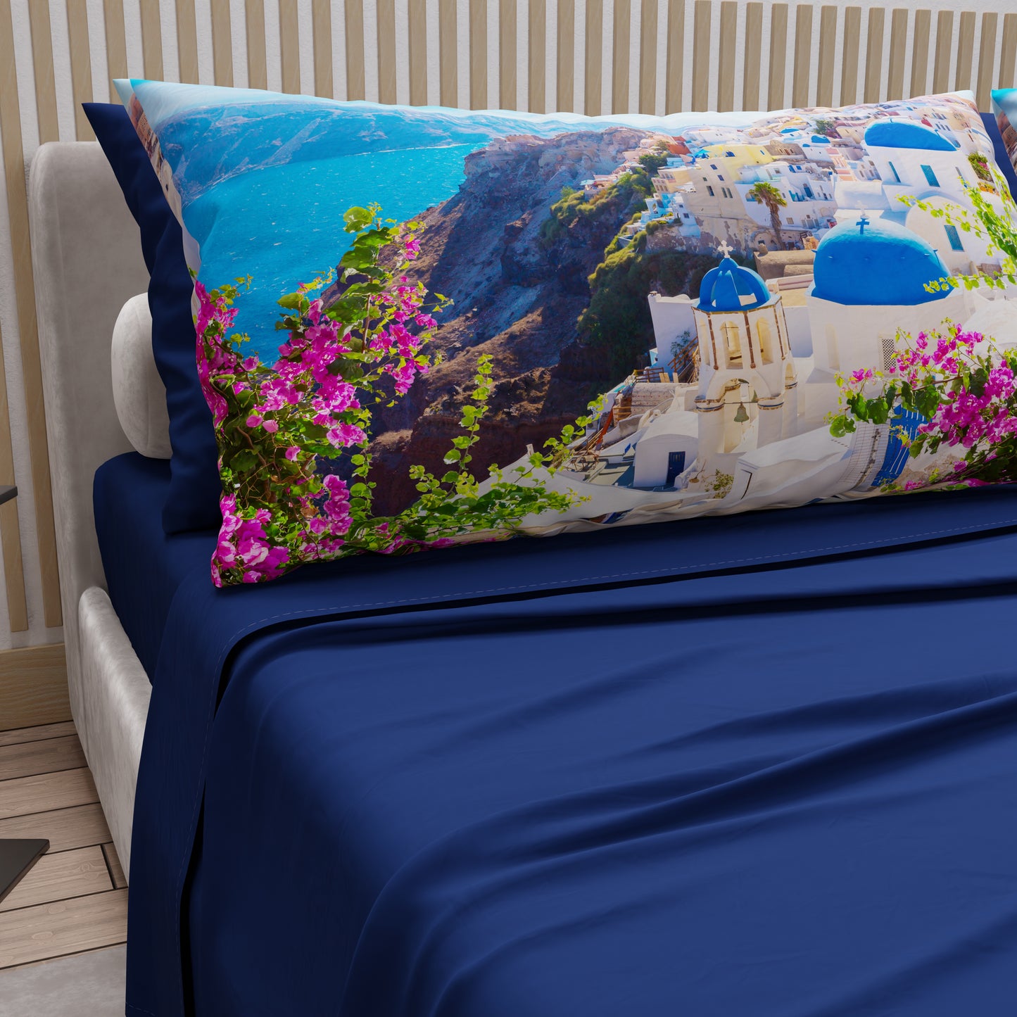 Lenzuola in Cotone, Completo Letto con Federe in Stampa Digitale, Santorini - Grecia