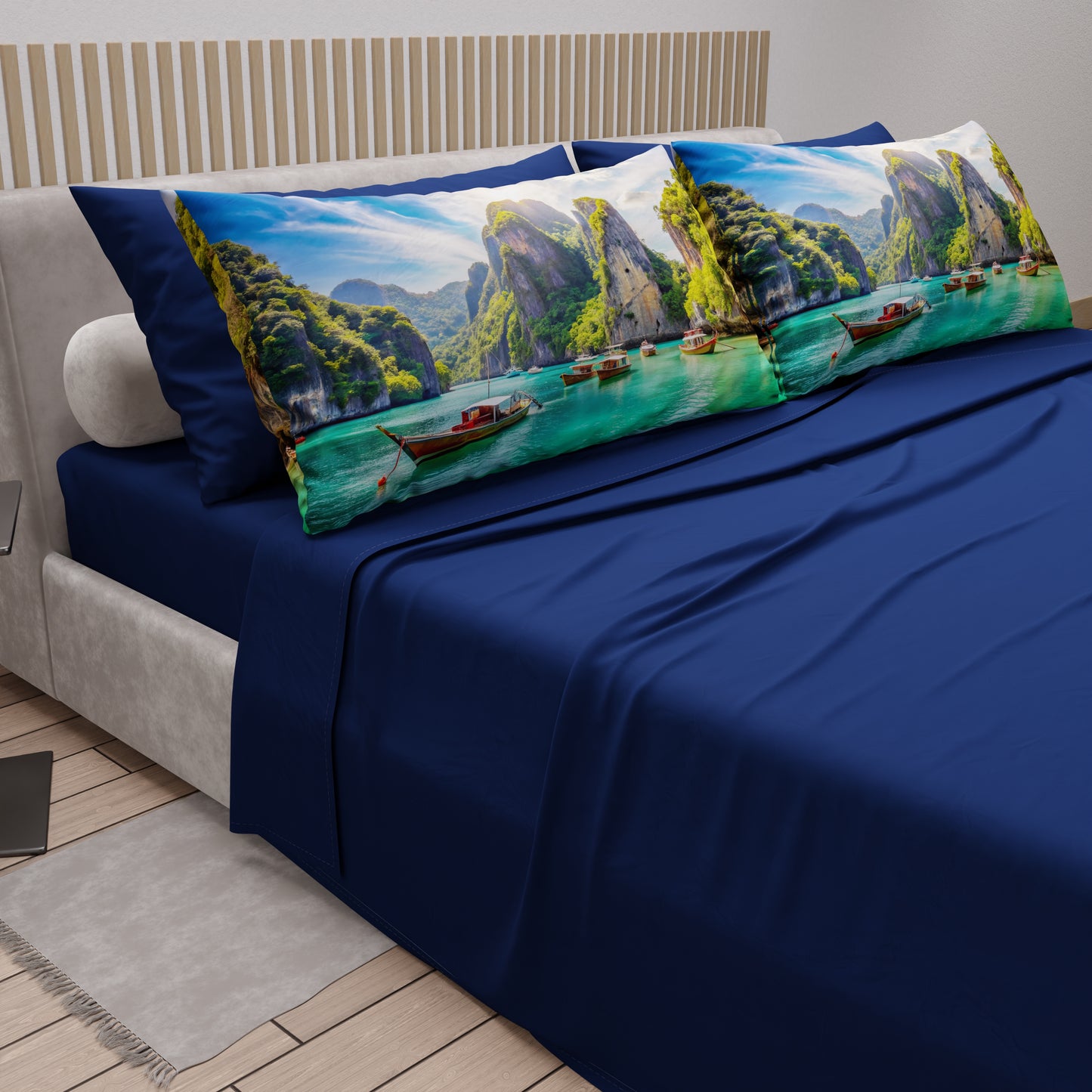 Draps en Coton, Parure de Lit avec Taies d'Oreiller en Impression Digitale, Phi-Phi