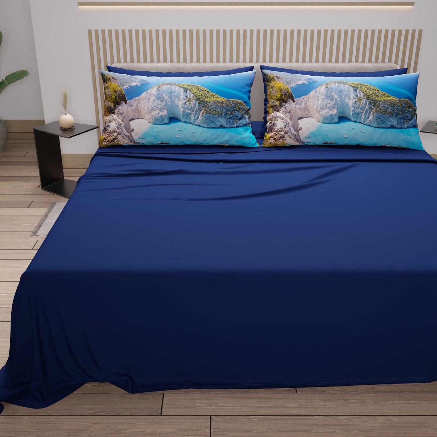 Draps en Coton, Parure de Lit avec Taies d'Oreiller en Impression Digitale, Zante - Grèce