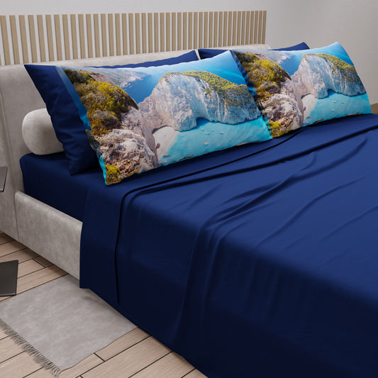 Draps en Coton, Parure de Lit avec Taies d'Oreiller en Impression Digitale, Zante - Grèce