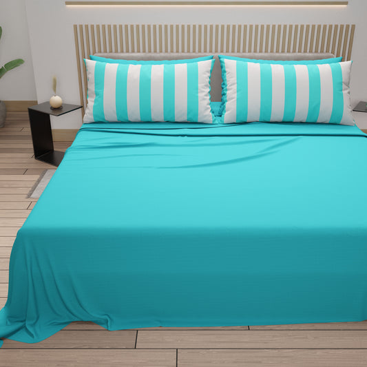 Lenzuola in Cotone, Completo Letto con Federe in Stampa Digitale Righe Bianco/Tiffany.